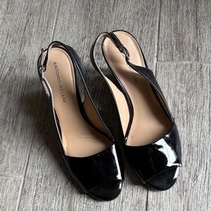 Antonio Melani Women's Black Patent Leather Slingback Peep-Toe Wedge Heels